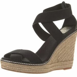 TORY BURCH  Black Strappy Wedge Sandals | Chic Elevated Summer  Size 8